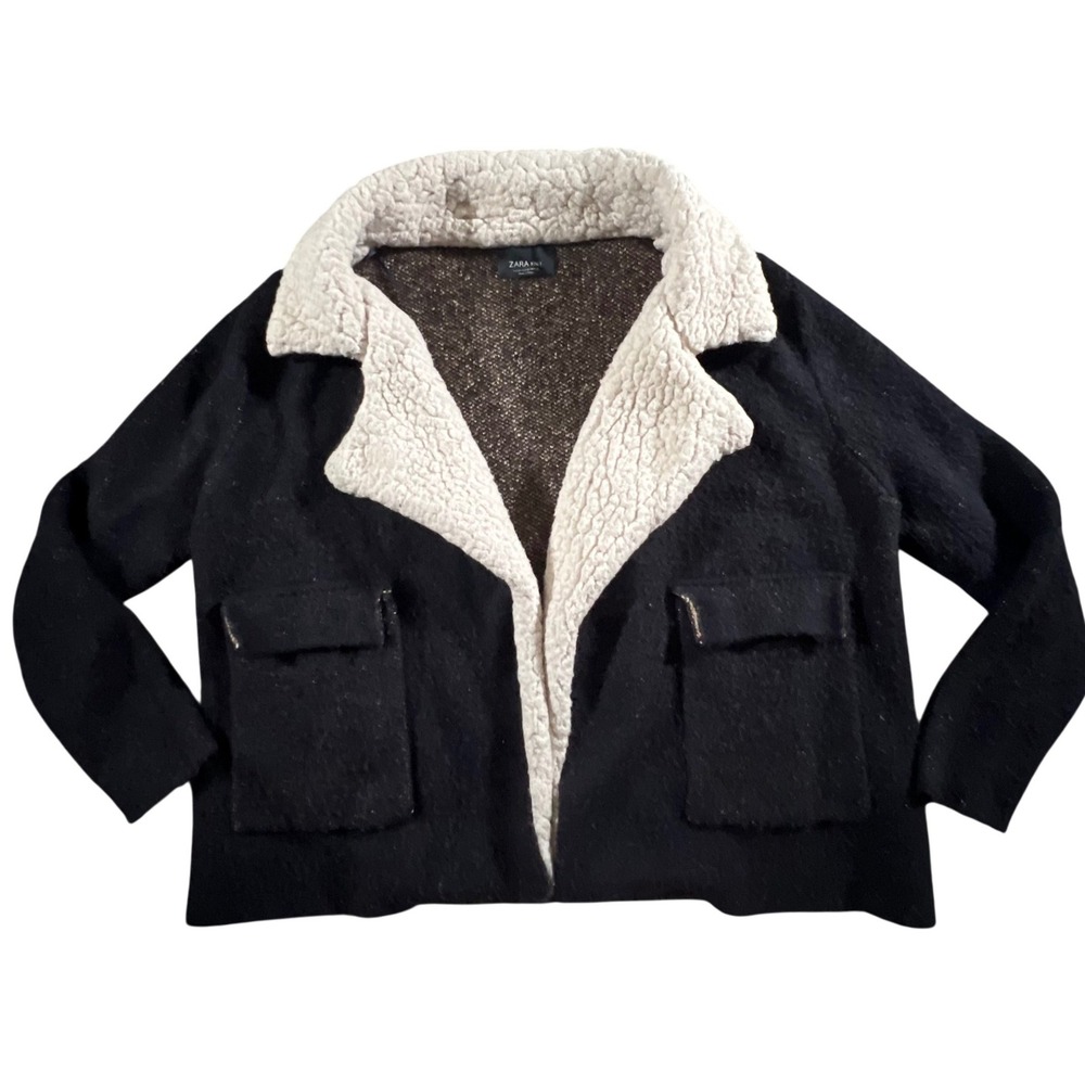 Zara Knit Womens M Black Cream Sherpa Collar Open Front Jacket Cardigan Textured